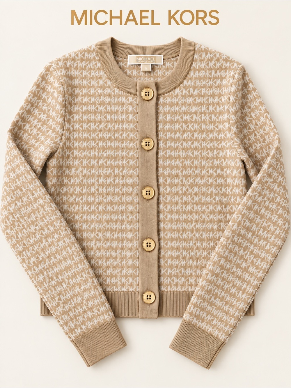 NWT Michael Kors Beige and White Logo Knit Cardigan